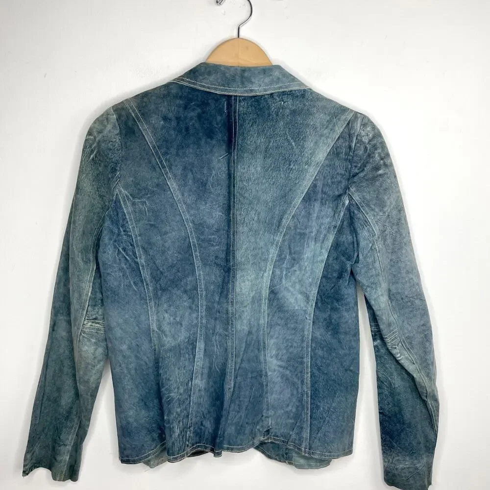 Illia Denim Leather Blazer Sz 8 Blue Suede Denim Look Indie Sleaze Y2K Eclectic - Picture 6 of 10